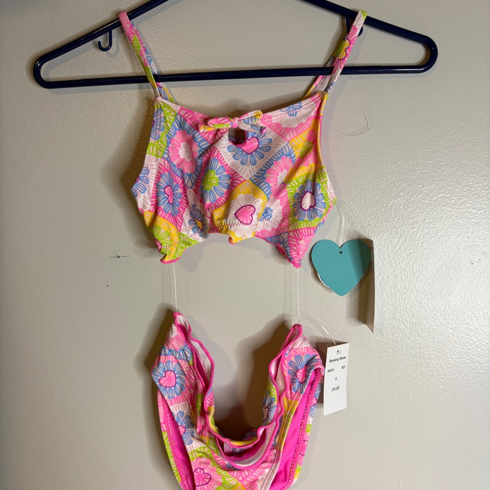 Breaking Waves Girls Size‎ 8 Bikini Set Floral Heart Multi Color UPF 50 New